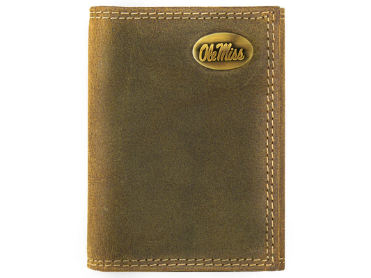 Ole Miss Rebels Vintage Tan Leather Trifold Wallet Gift