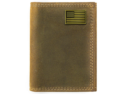 American Flag Vintage Tan Leather Trifold Wallet for Men