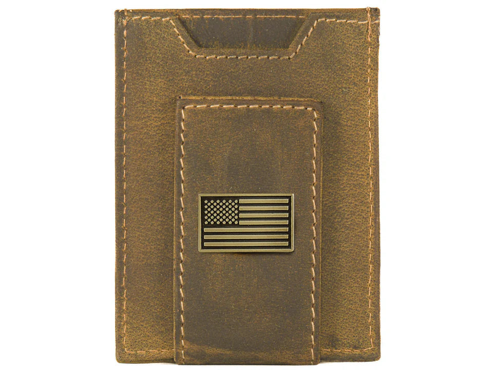 American Flag Vintage Tan Leather Magnetic Wallet for Men