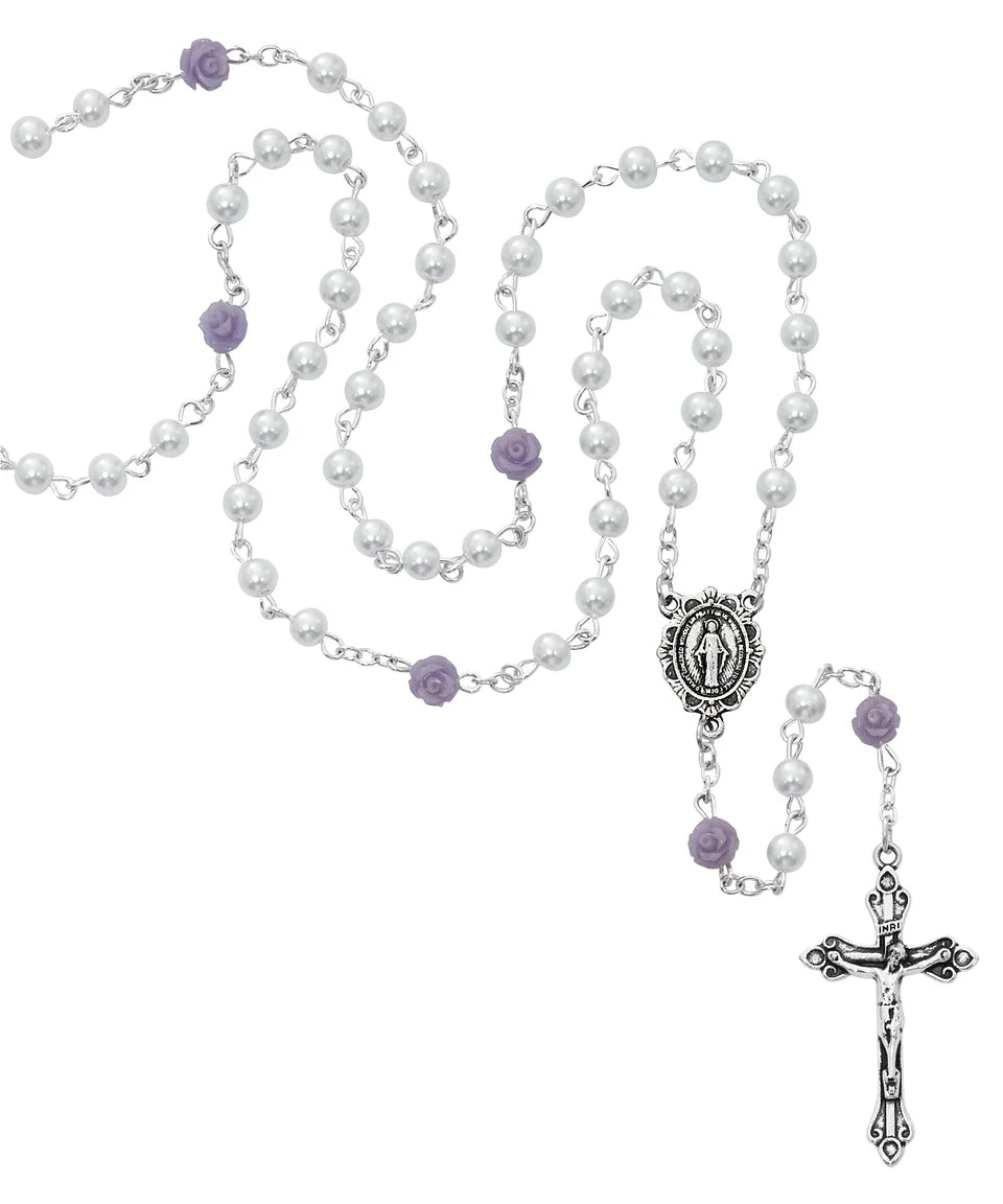 4MM WHITE PEARL W/FLOWER ROSARY