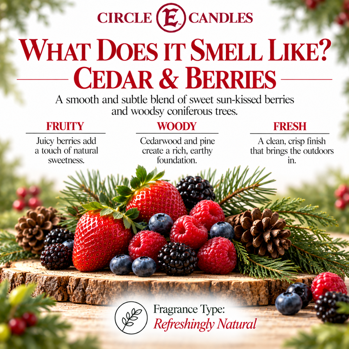 Circle E Candles, Cedar and Berries Scent, Medium Size Jar Candle, 7oz – Warm Woody Berry Home Fragrance, Fresh Earthy Scented Candle, Made in USA