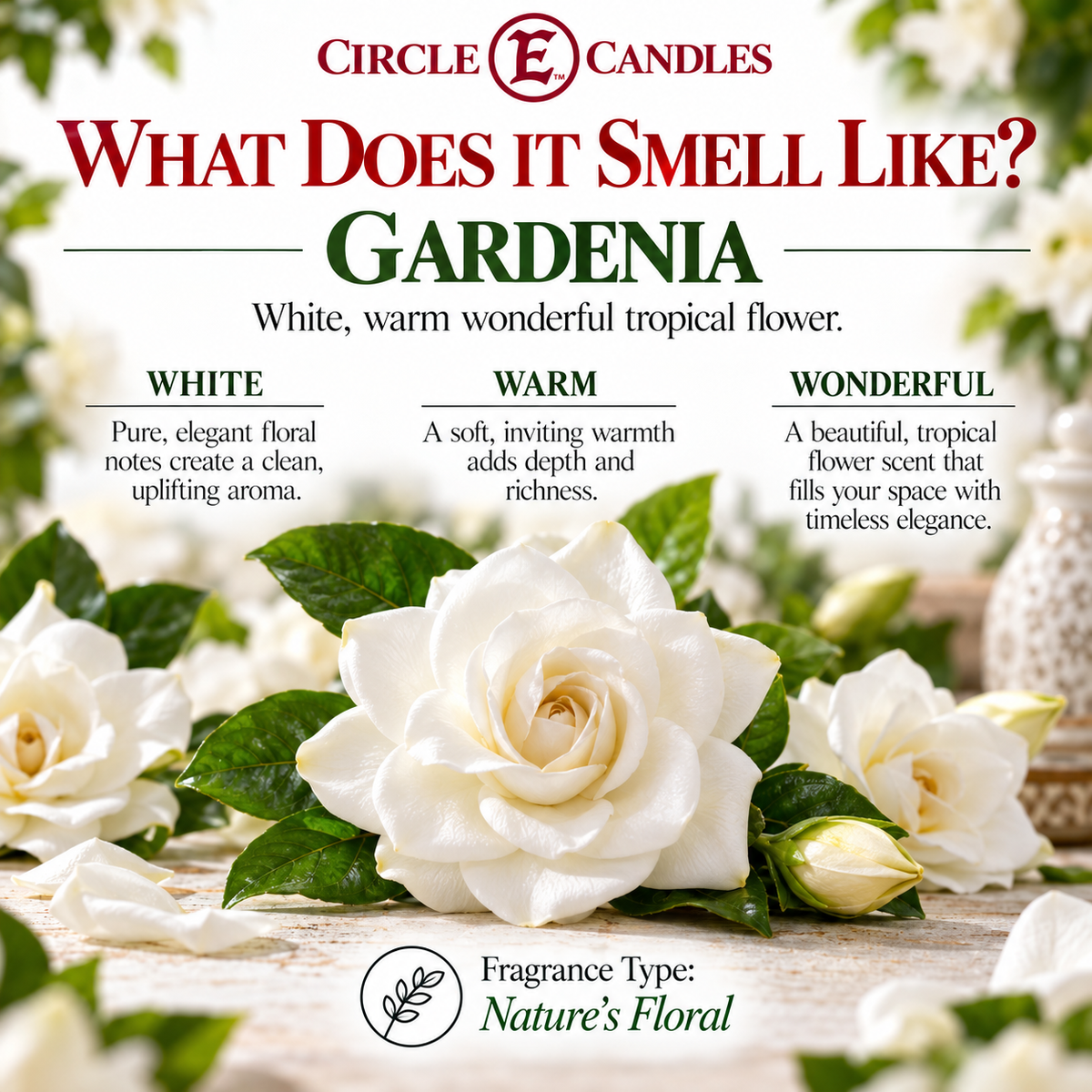 Circle E Candles, Gardenia Scent, Medium Size Jar Candle, 14oz – Soft Fresh Floral Home Fragrance, Classic Gardenia Bloom Candle, Made in USA