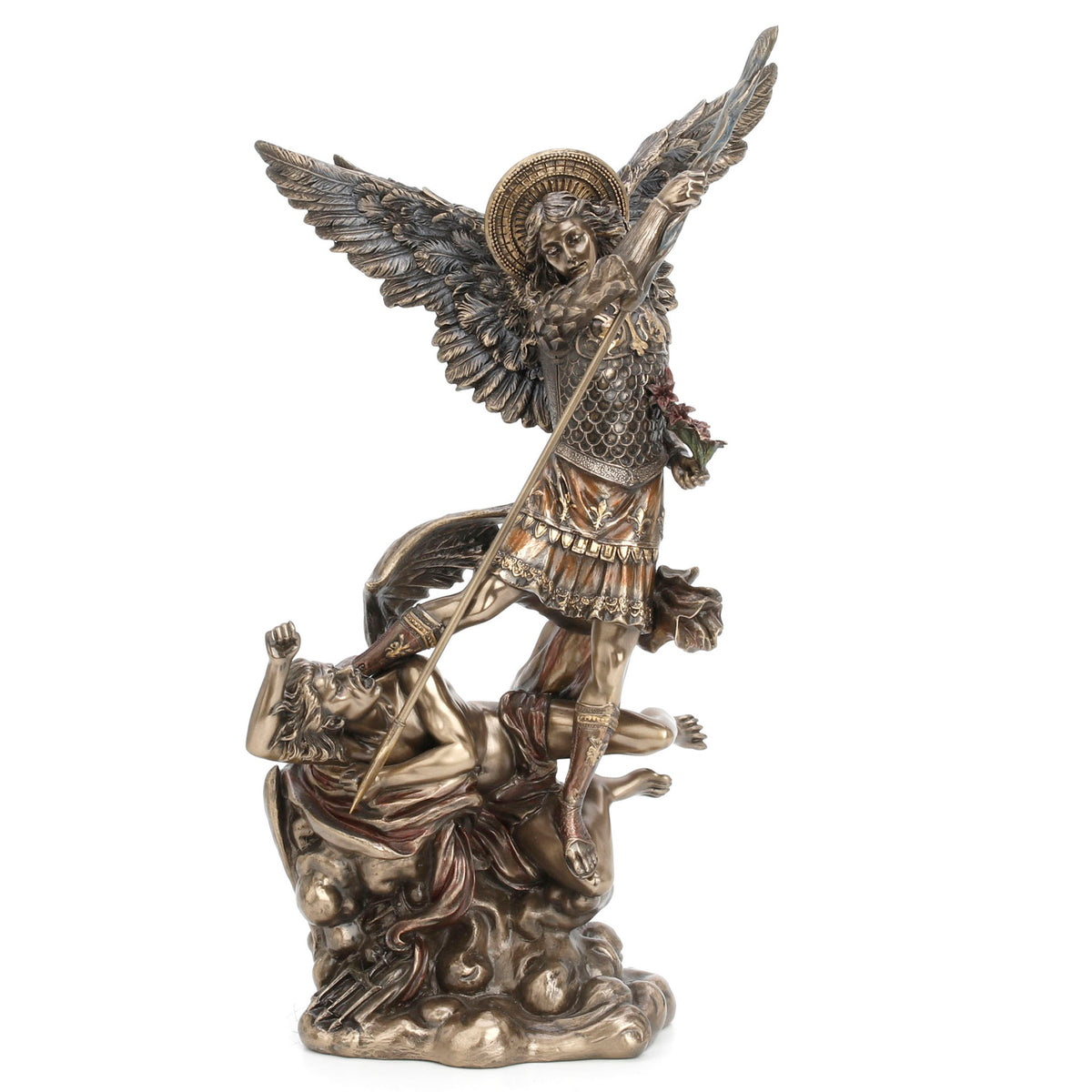 Saint Michael Holding Flowers Standing On The Demon