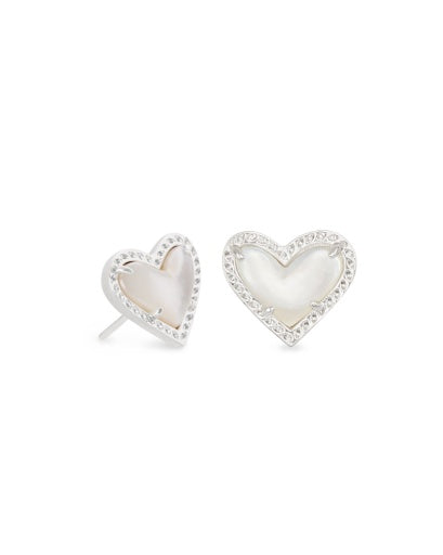 Ari Heart Stud Earrings Rhodium Ivory Mother of Pearl