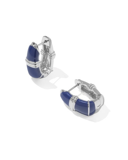 COURTNEY ENAMEL HUGGIE EARRINGS SILVER DARK BLUE ENAMEL