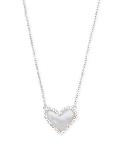 Ari Heart Short Pendant Necklace Rhodium Ivory Mother of Pearl