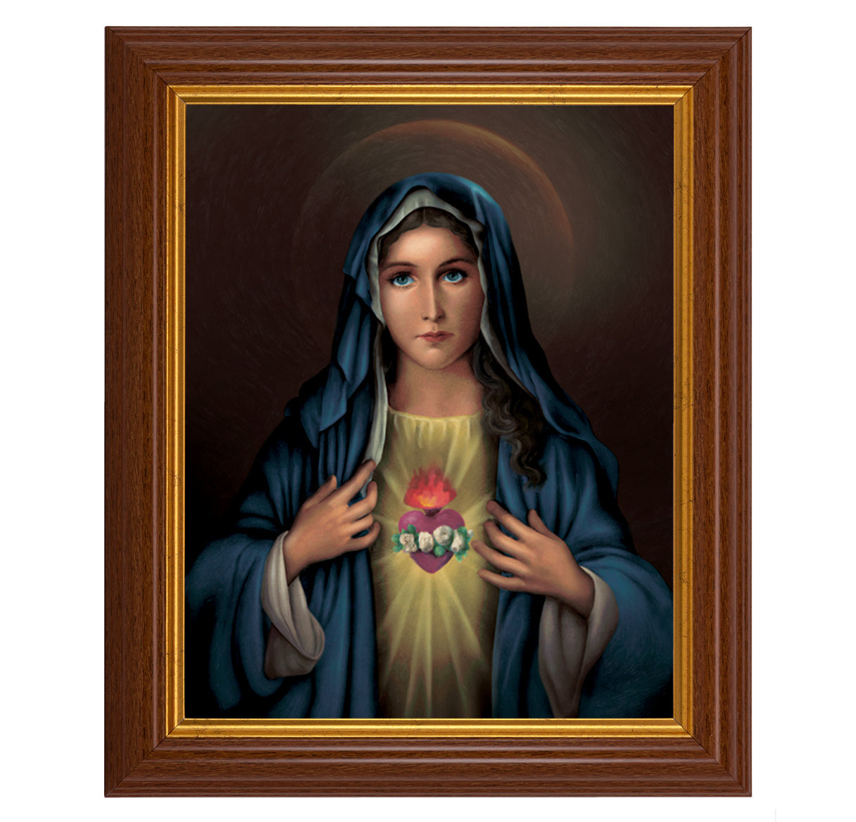 Immaculate Heart of Mary Picture Framed Wall Art Decor, Large, Traditional Dark Walnut Fluted Frame with Gold Beaded Lip