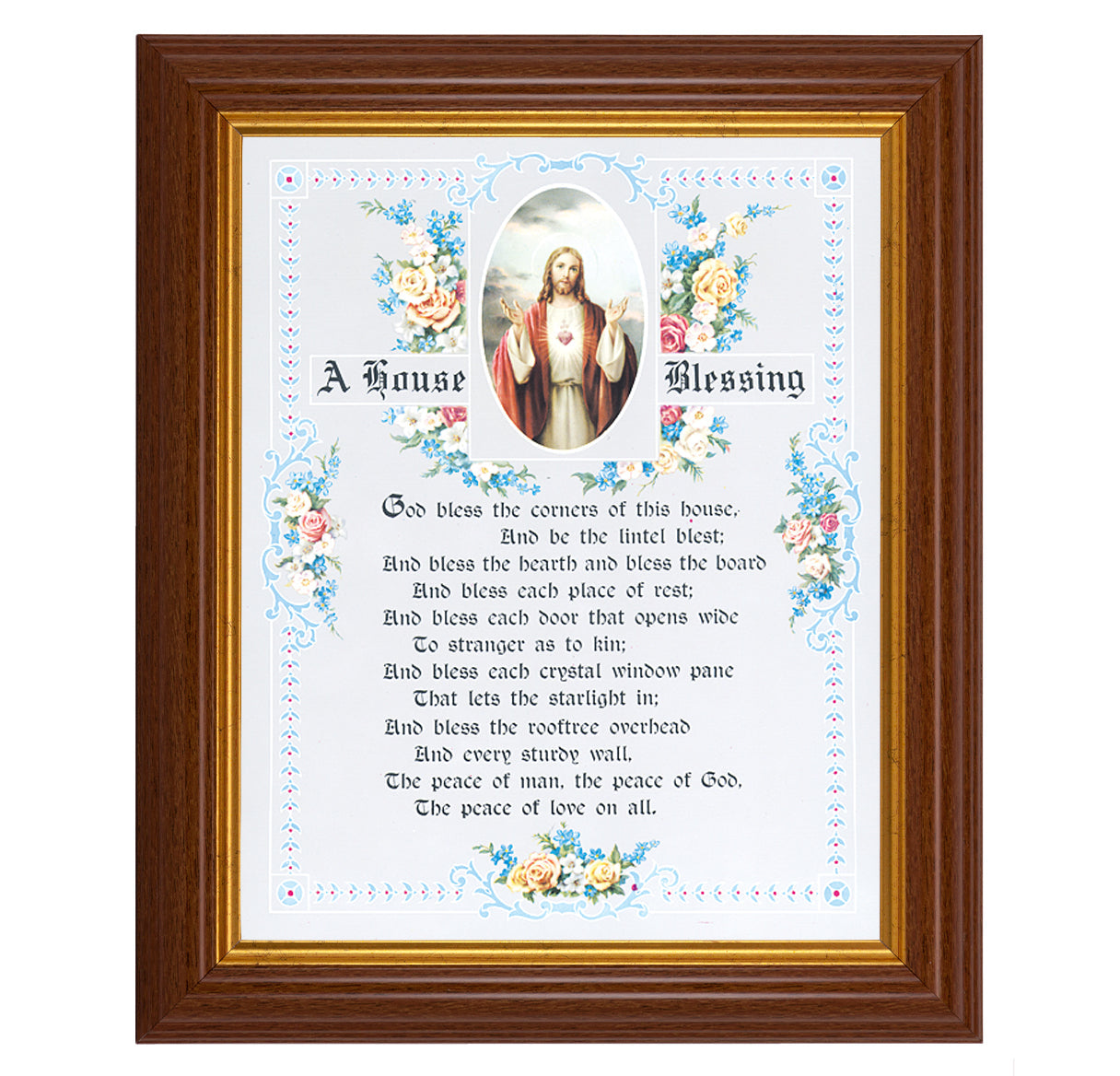 House Blessing - Sacred Heart of Jesus Picture Framed Wall Art Decor, Large, Traditional Dark Walnut Fluted Frame with Gold Beaded Lip