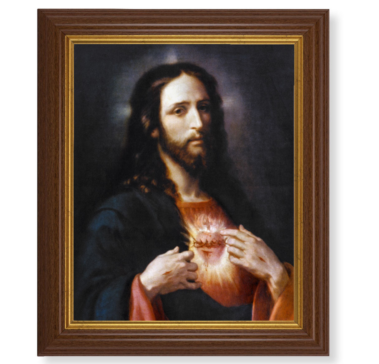 Sacred Heart of Jesus Picture Framed Wall Art Decor, Large, Traditional Dark Walnut Fluted Frame with Gold Beaded Lip