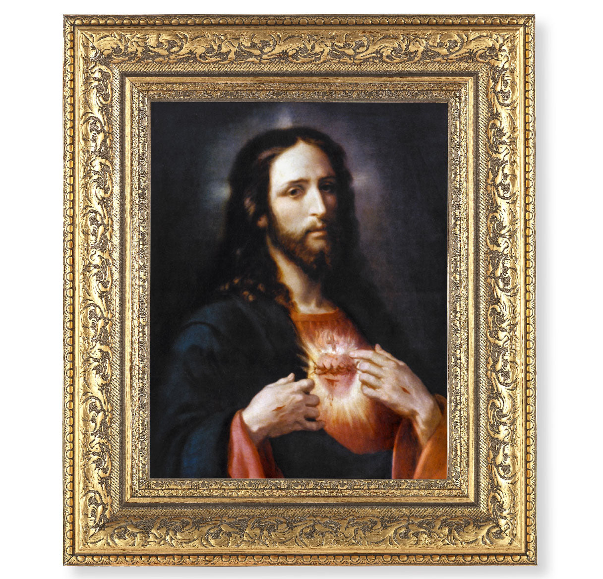 Sacred Heart of Jesus Picture Framed Wall Art Decor Large Gold-Leaf Acanthus-Leaf Carvings Ornate Frame