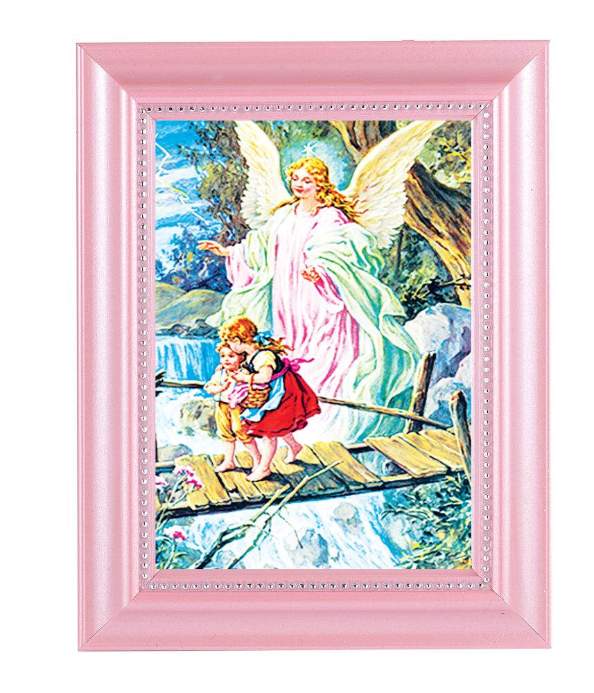 Guardian Angel Picture Framed Wall Art Decor Small Pink Frame