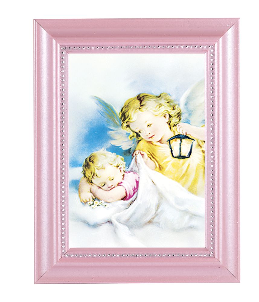 Guardian Angel with Lantern Picture Framed Wall Art Decor Small, Pearlized Pink Frame
