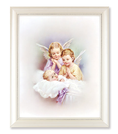 Guardian Angels Picture Framed Wall Art Decor Large Pearlized Fluted White Frame