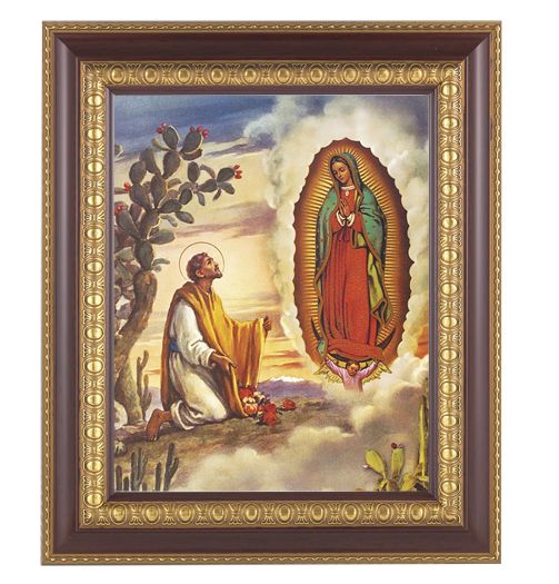 Our Lady of Guadalupe with Juan Diego Picture Framed Wall Art Decor Large Dark Cherry Gold Egg Dart Frame