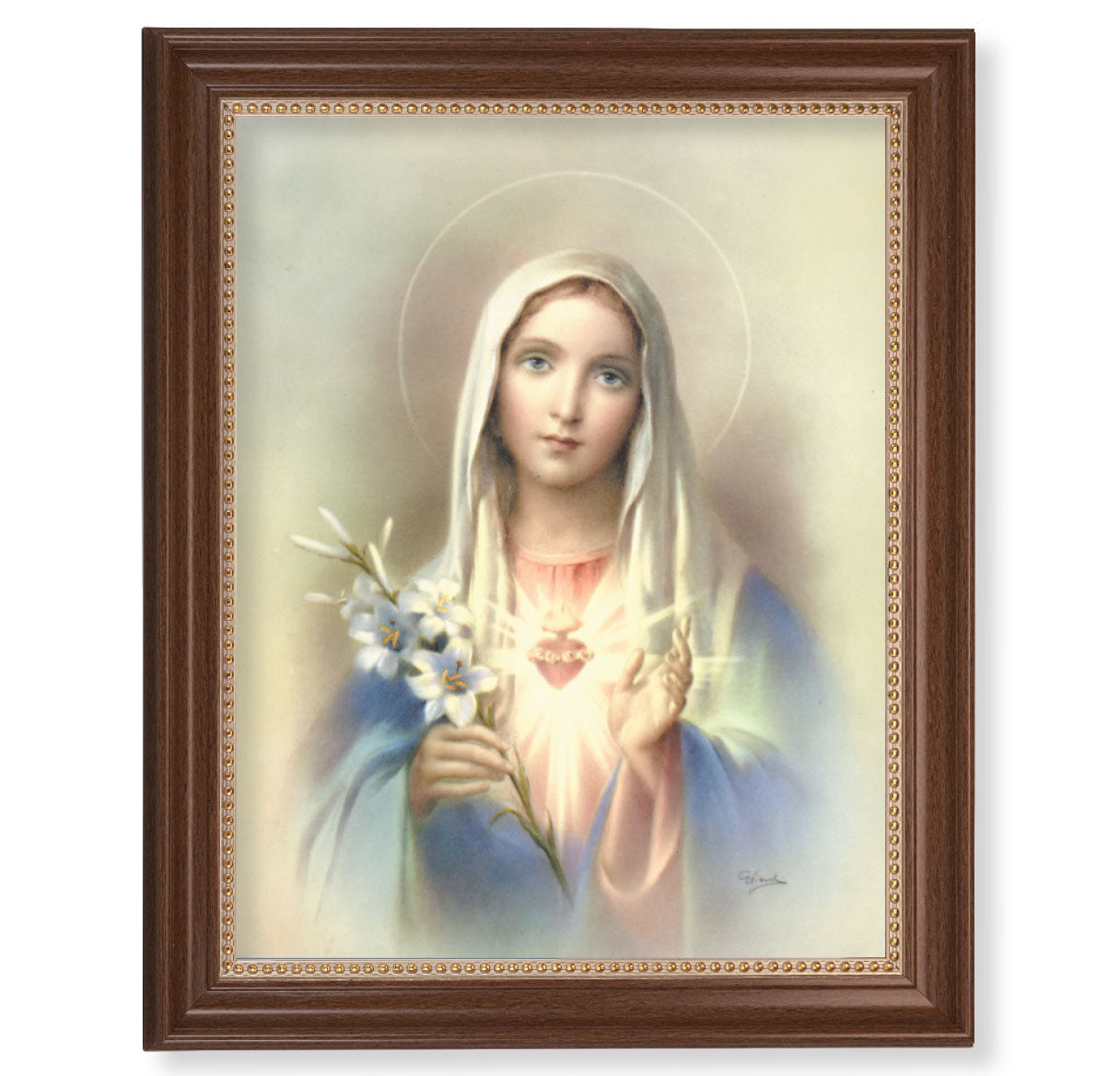 Immaculate Heart of Mary Picture Framed Wall Art Decor Extra Large Dark Walnut Frame with Gold Beaded Lip