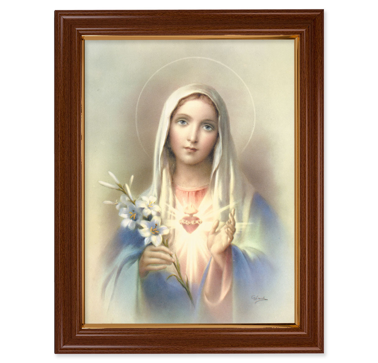 Immaculate Heart of Mary Picture Framed Wall Art Decor Large Dark Walnut Frame with Gold Lip