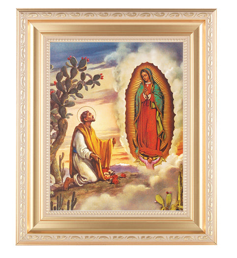 Our Lady of Guadalupe with Juan Diego Picture Framed Wall Art Decor Large Satin Gold Fluted Frame Distressed Finish Scrollwork