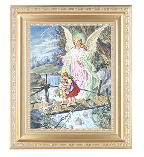 Guardian Angel Picture Framed Wall Art Decor Large Satin Gold Fluted Frame