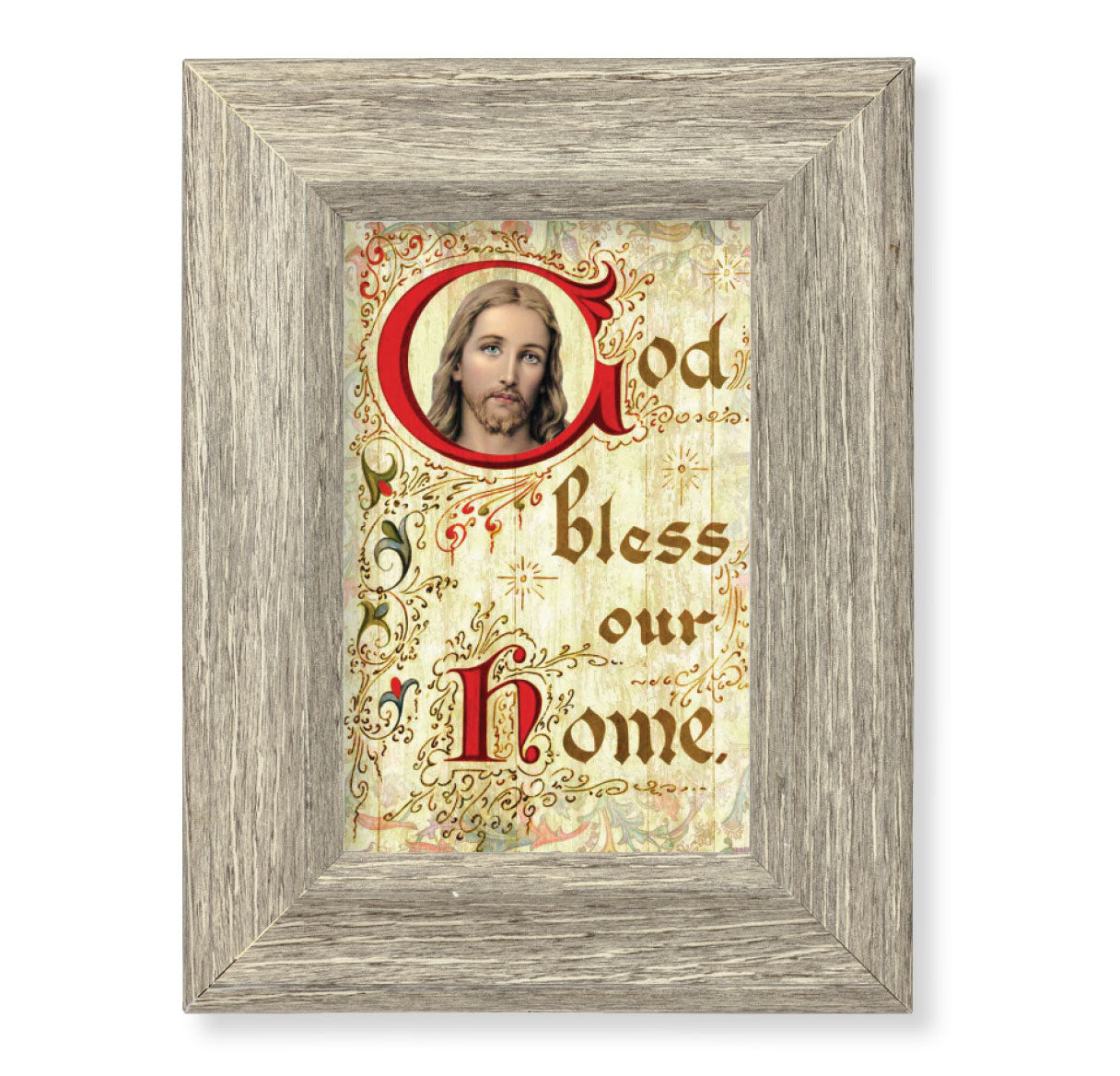 God Bless This Home Picture Framed Wall Art Decor Small Curved Gray Weathered Oak Finish Frame
