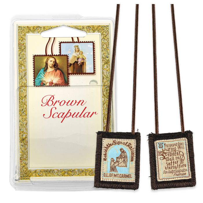 Our Lady of Mount Carmel Brown Wool Scapular Deluxe Packaging
