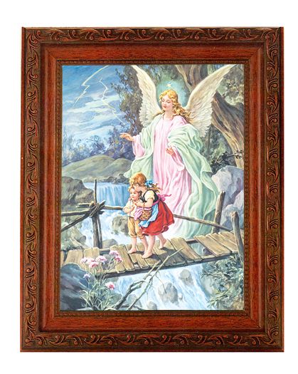 Guardian Angel Picture Framed Wall Art Decor Large Mahogany