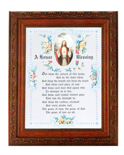 Sacred Heart of Jesus House Blessing Picture Framed Wall Art Decor Large Antiqued Dark Mahogany Finish Frame