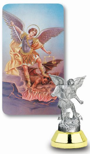 Small Catholic Saint Michael Auto Statue Figurine With Prayer Card