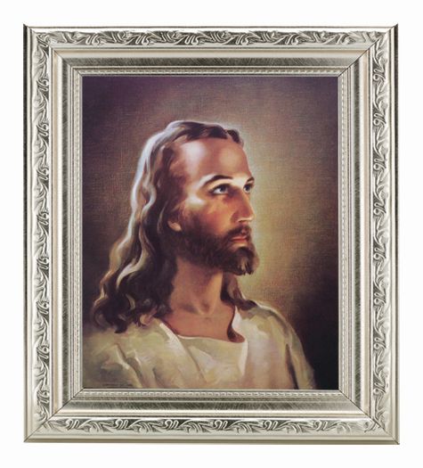 Head of Christ Picture Framed Wall Art Decor Medium Antique Silver Frame