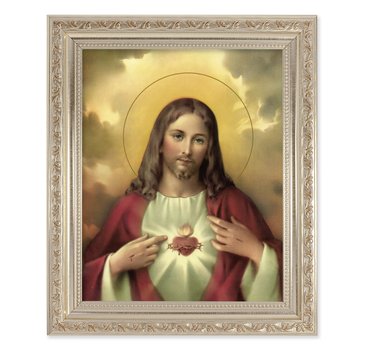 Sacred Heart of Jesus Picture Framed Wall Art Decor Large Antique Silver Frame with Carved Scrollwork