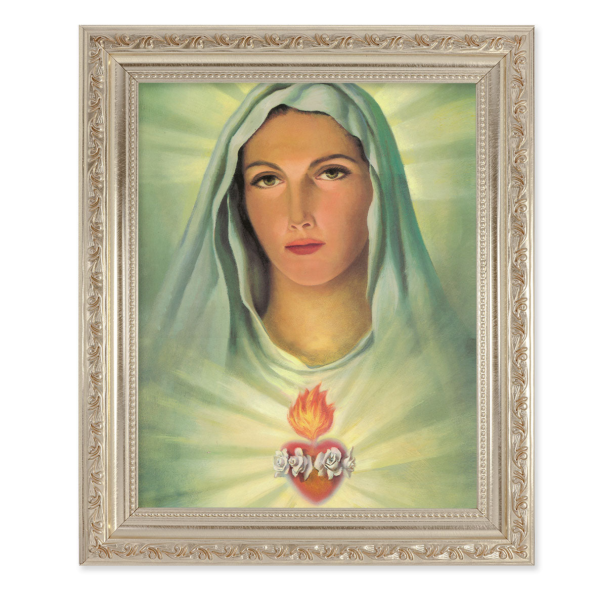 Immaculate Heart of Mary Picture Framed Wall Art Decor Large Antique Silver Frame with Carved Scrollwork