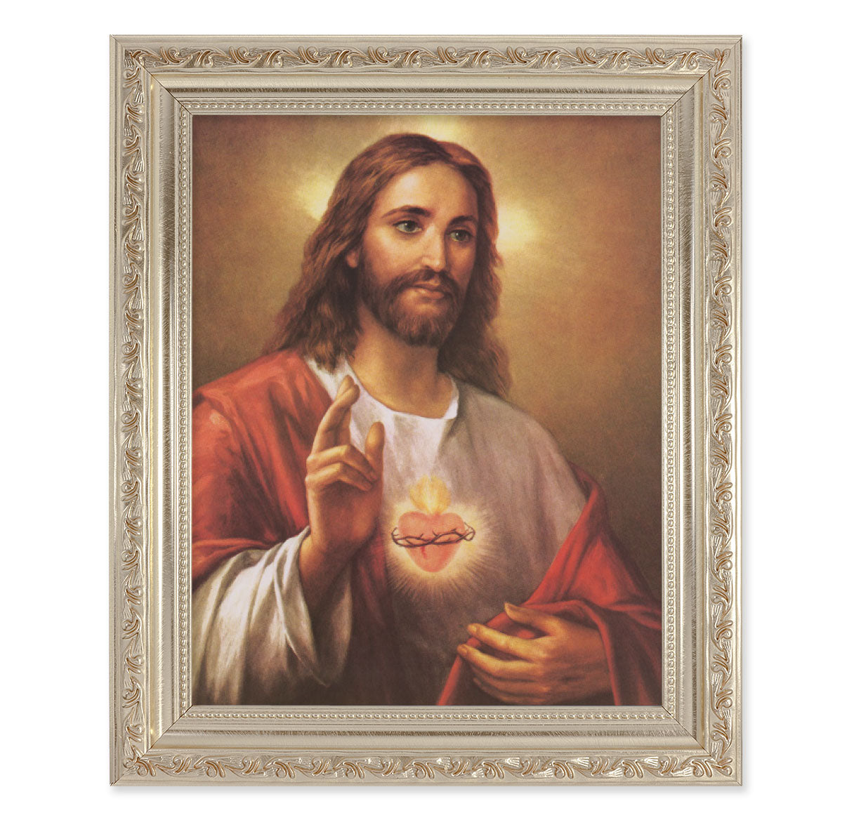 Sacred Heart of Jesus Picture Framed Wall Art Decor Large Antique Silver Frame with Carved Scrollwork
