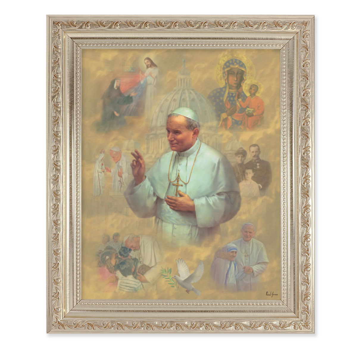 St. Pope John Paul II Picture Framed Wall Art Decor Large Antique Silver Frame with Carved Scrollwork