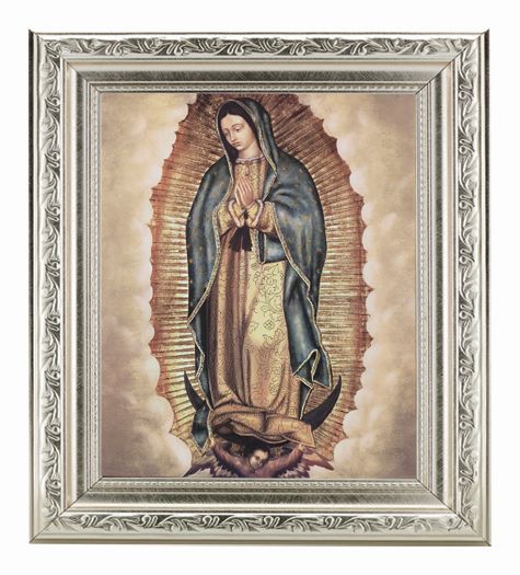 Our Lady of Guadalupe Picture Framed Wall Art Decor Medium Antique Silver Frame with Carved Scrollwork