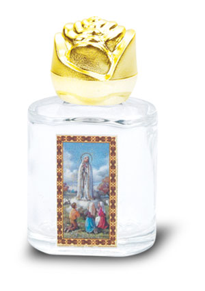 Our Lady of Fatima Small Holy Water Bottle with Gold Rose Cap