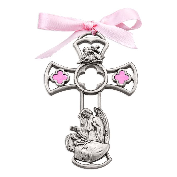 Guardian Angel With Girl Genuine Pewter Cross Pendant