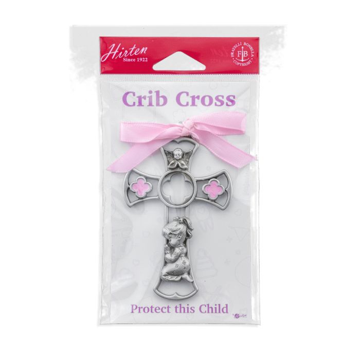 Genuine Pewter Baby Girl Cross with Pink Epoxy Ribbon