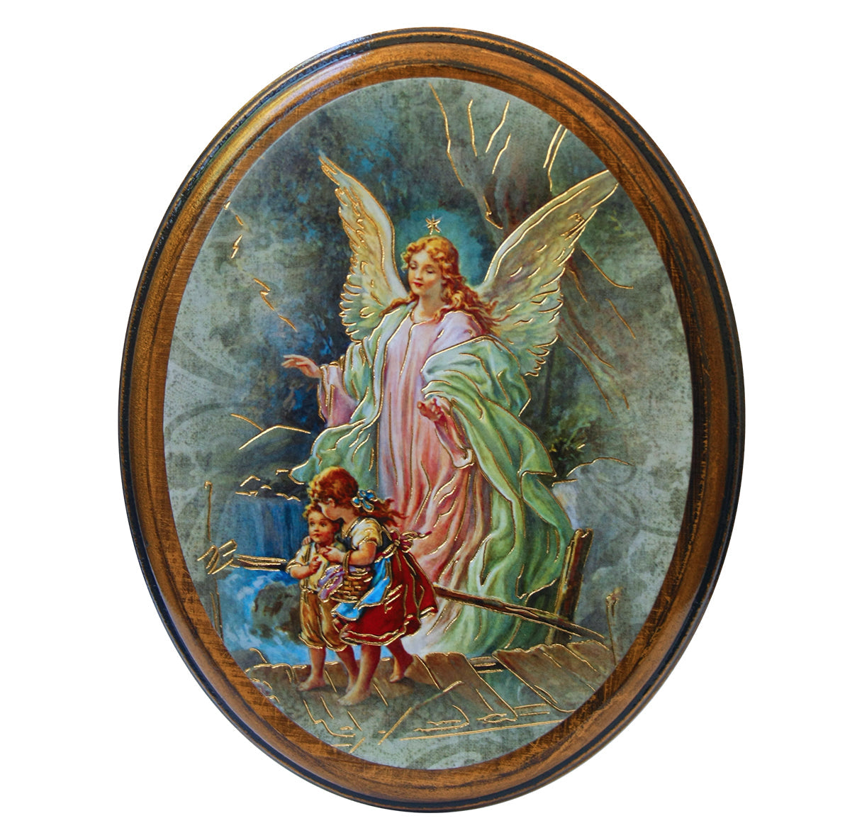 Guardian Angel Oval Antiqued Wood Plaque Wall Art Decor Small