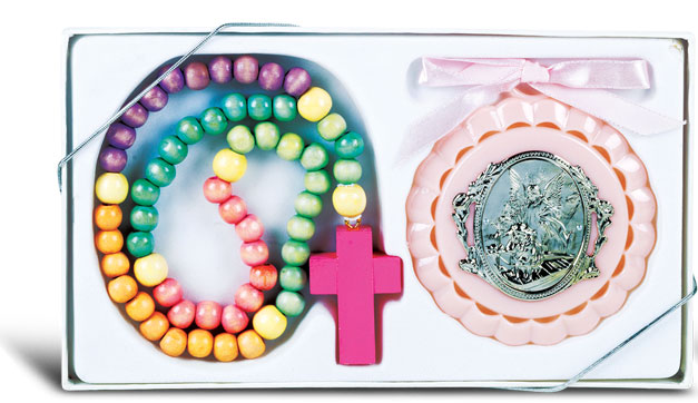 Pink Baby Crib Medal with Pastel Wood Bead Rosary for Girl