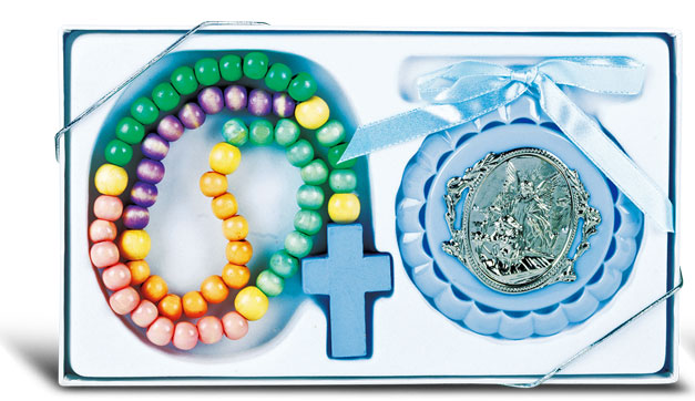 Blue Baby Crib Medal with Pastel Wood Bead Rosary for Boy