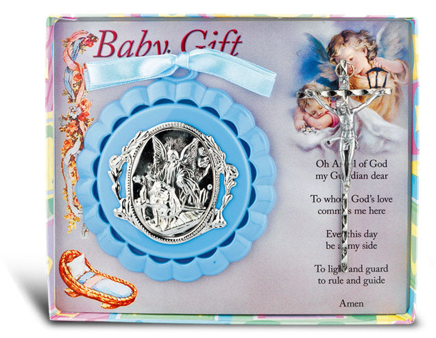 Blue Baby Crib Medal with Crucifix for Boy Gift
