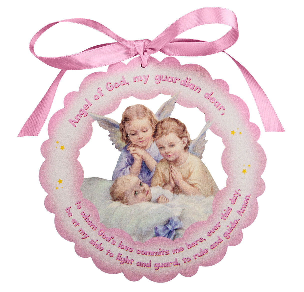 Twin Angels Pink Hanging Baby Crib Medal in Organza Bag