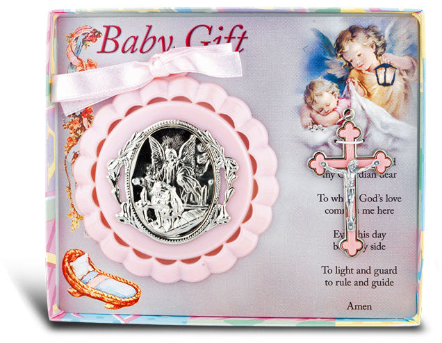 Pink Baby Crib Medal With 3 Inch Cloverleaf Crucifix For Girl