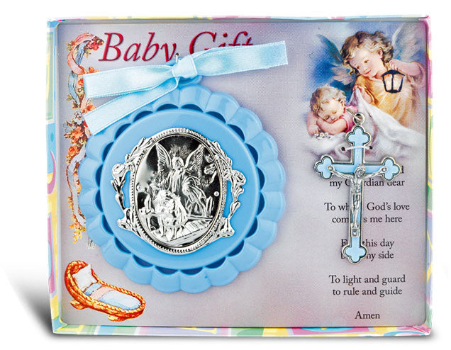 Blue Baby Crib Medal With 3 Cloverleaf Crucifix For Boy Girl
