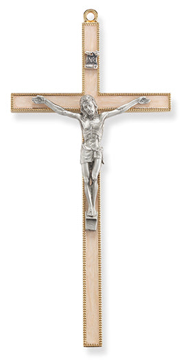 Gold Finish Pearlized Metal Cross with Fine Pewter Corpus 7 Inch