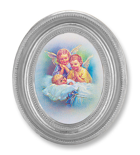 Guardian Angels Picture Framed Print Small Oval Silver-Leaf Frame