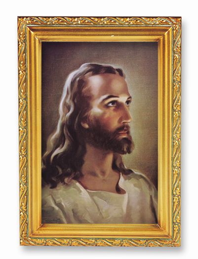 Head of Christ Picture Framed Wall Art Decor Small Antique Gold-Leaf Frame