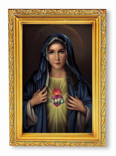 Immaculate Heart of Mary Picture Framed Wall Art Decor Small Antique Gold-Leaf Frame with Acanthus-Leaf Edging