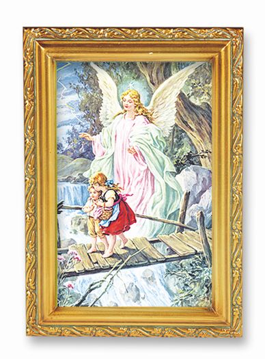 Guardian Angel Picture Framed Wall Art Decor Small Antique Gold-Leaf Frame