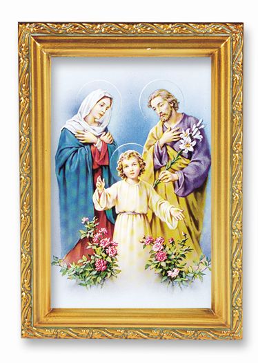 Holy Family Picture Framed Wall Art Decor Small Antique Gold-Leaf Frame