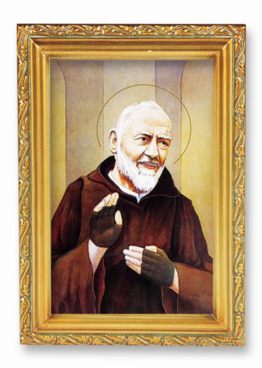 St. Pio Picture Framed Wall Art Decor Small Antique Gold-Leaf